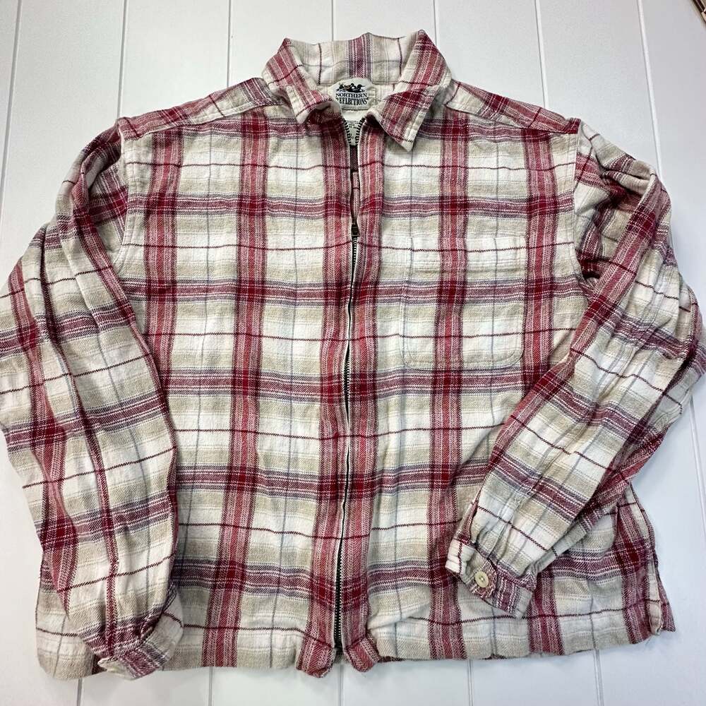 Northern Reflections Red Cream Plaid Full Zip Flannel Shirt L/G